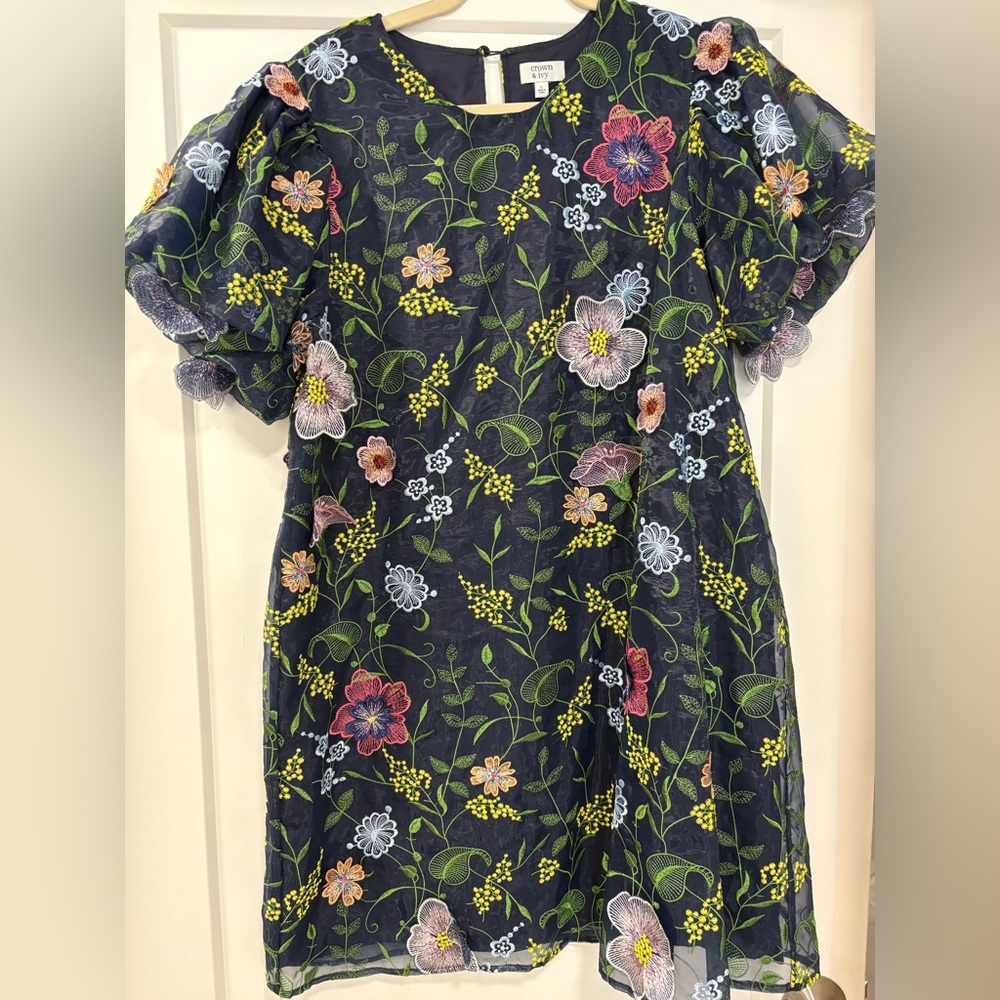 crown & ivy Navy Floral Embroidered Mini Dress